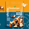 Verpackung des Nuss-Mixes Schoko  Meersalz mit orangenem und blauen Hintergrund und Weltkugel auf der Nepal mit Herz markiert ist